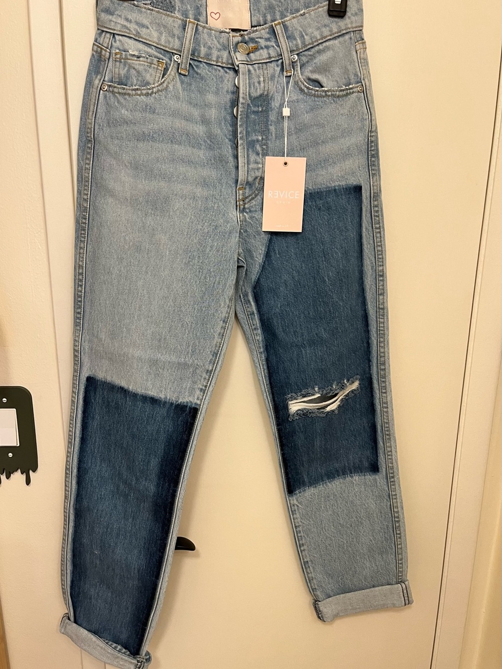 NWT REVICE Patchwork Light Wash Jeans with Dark Denim Panels